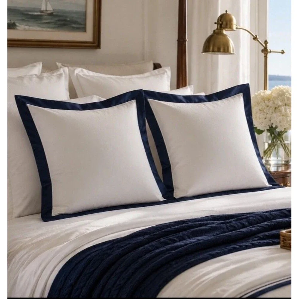 LOT 2 Ralph Lauren RL Organic Sateen Border European Shams 26x26” Polo Navy NEW